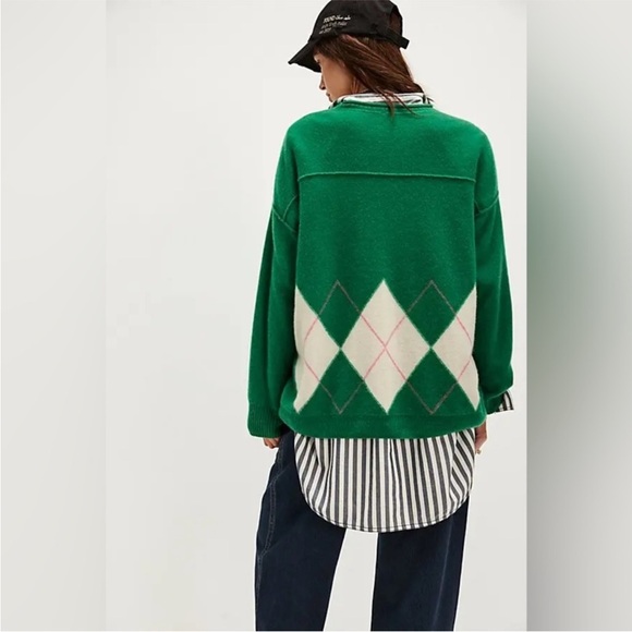 Free People Sweater Womens Medium 100% Cashmere Addie Argyle Green Oversized - Picture 9 of 12